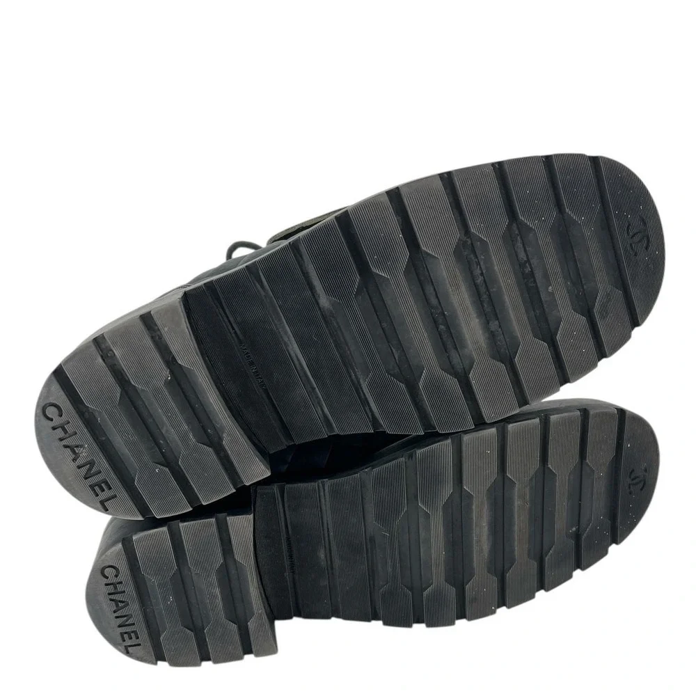 Chanel 2022 CC Chain Quilted Cap Toe Logo Combat Boots in Gray & Black Size 39.5